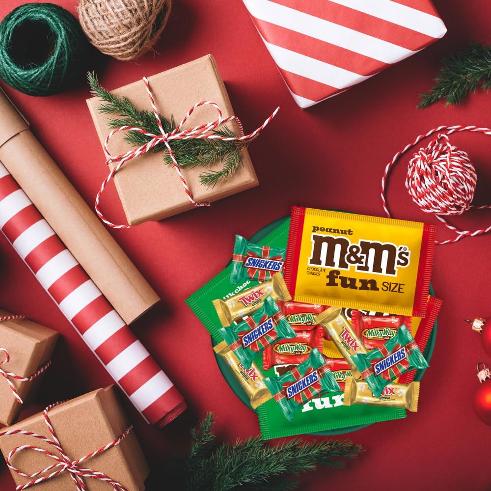 M&M'S Milk Chocolate, M&M'S Peanut, Snickers, Twix, & Milky Way Fun Size And Mini Chocolate Christmas Candy Individually Wrapped