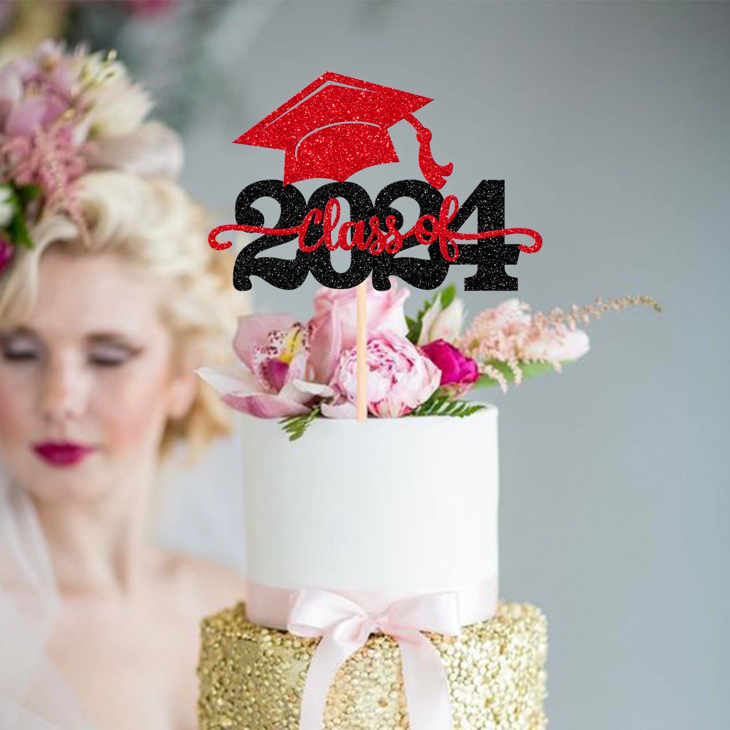 YCTHUNFISH Graduation Cake Topper - Class of 2024 Glitter Cap Decoration, Black & Red, Bamboo Material