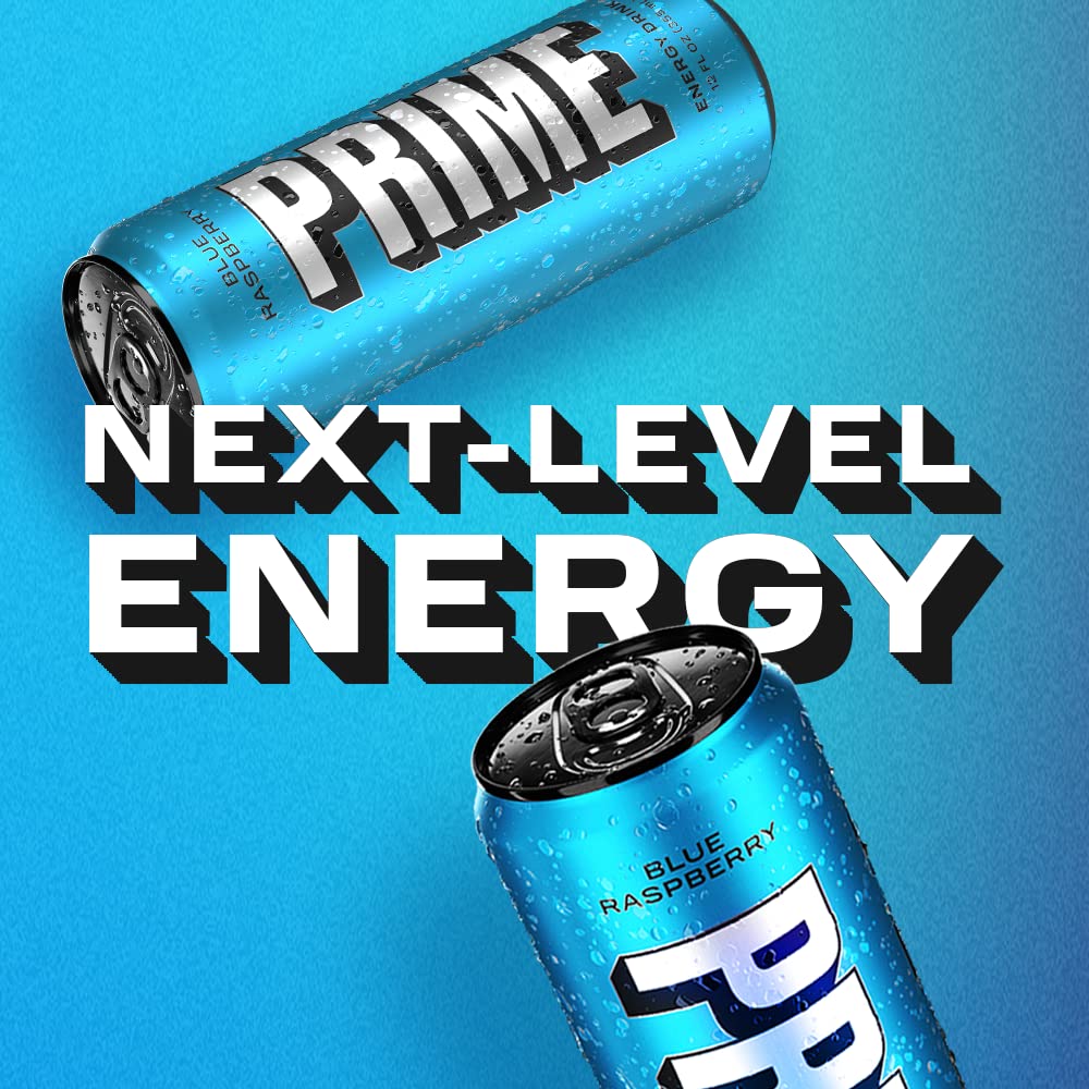 PRIME HYDRATION Energy Drink, Blue Raspberry, 200mg Caffeine, 355mg Electrolytes, Vegan, Gluten Free, 12 Fl Oz, 24 Pack
