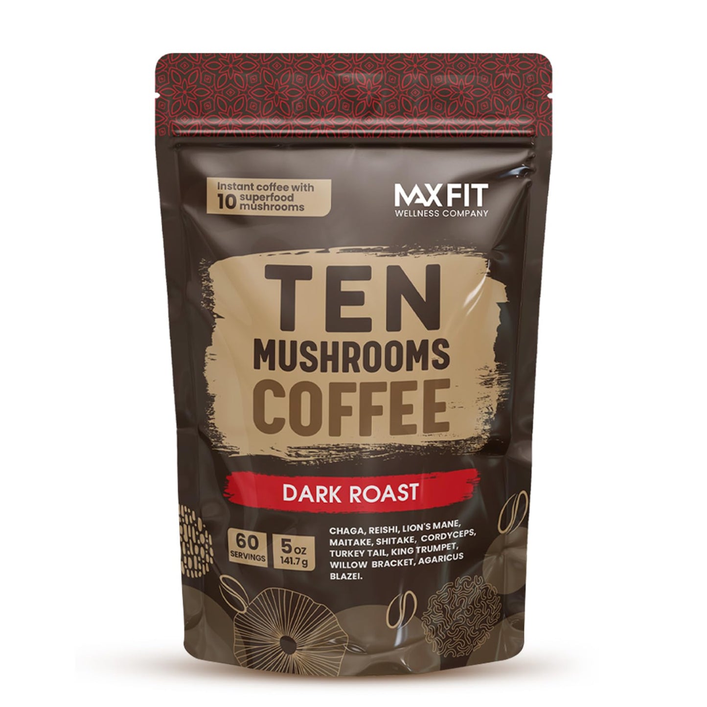 Instant Mushroom Coffee Dark Roast (60 Servings) With 10 Mushrooms (Lions Mane, Cordyceps, Turkey Tail & Other) Mixed With Gourm