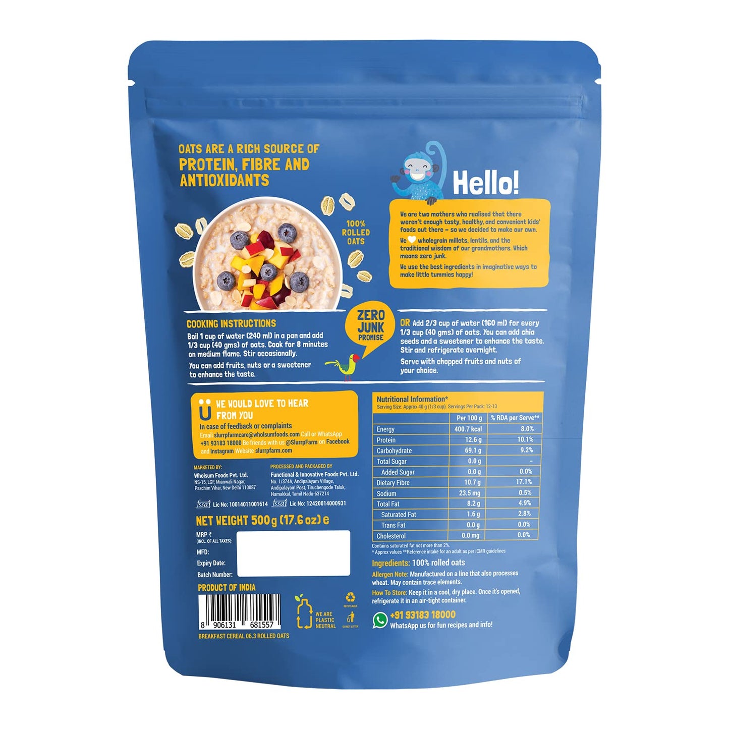 Slurrp Farm Rolled Oats, 100% Natural Wholegrain, High Protein & Fiber, Healthy Food With No Added Sugar, Breakfast Cereal, Heal