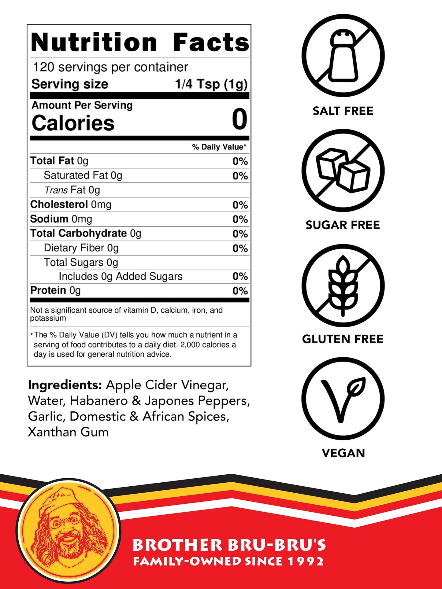 Brother Bru-Brus African Hot Sauce - No Sodium, Salt Free, Sugar Free, Gluten Free, Vegan - Habanero, Seasoning & Spice - 5 oz (