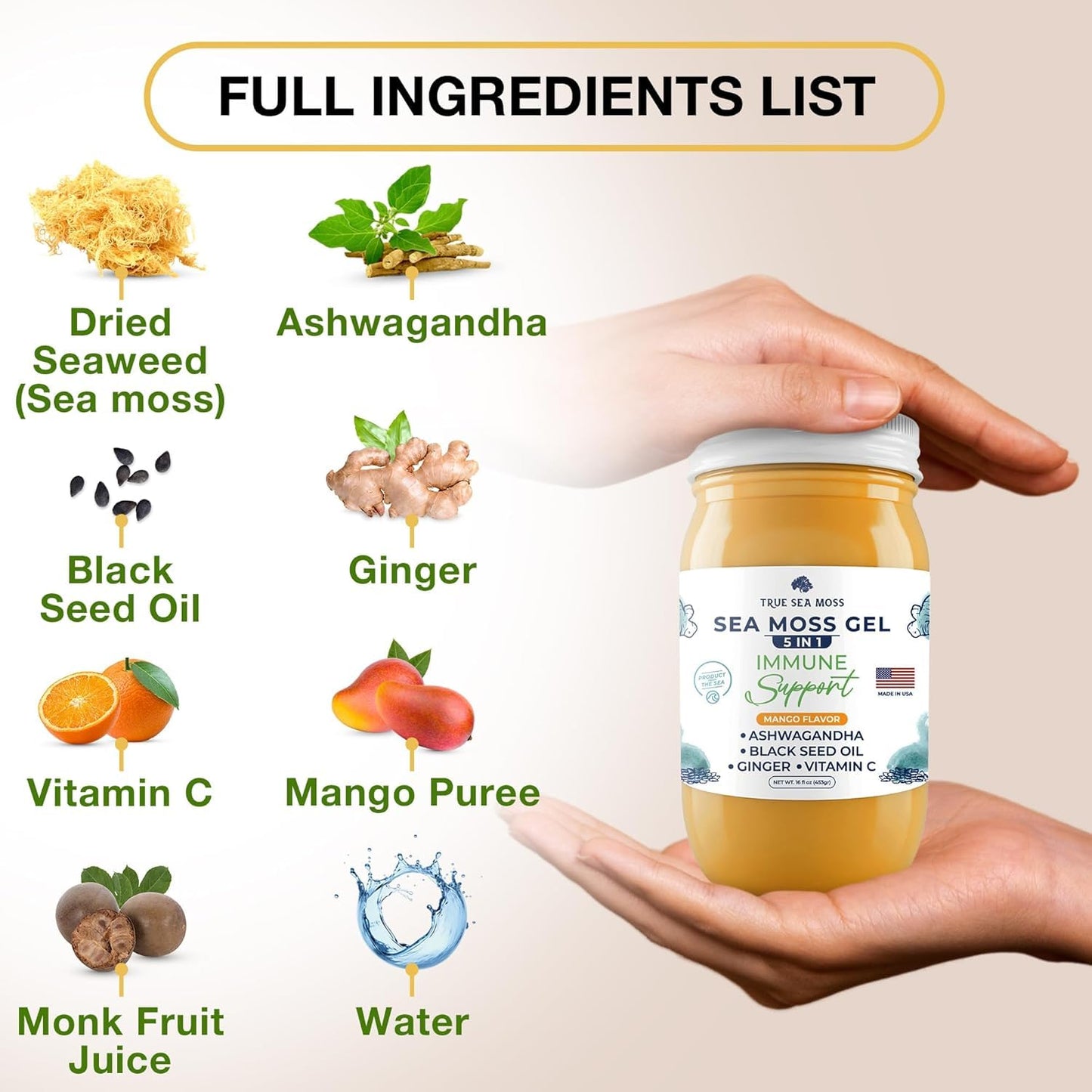 TrueSeaMoss Wildcrafted Irish Sea Moss Gel with Ashwagandha, Made with Organic Seamoss, Rich in Minerals & Vitamins - Supports H