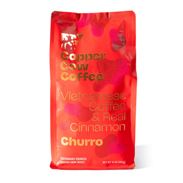 Copper Cow Premium Vietnamese Ground Coffee | Churro | Dark Roast | Flavored with Real Cinnamon | Universal Grind | 10 oz