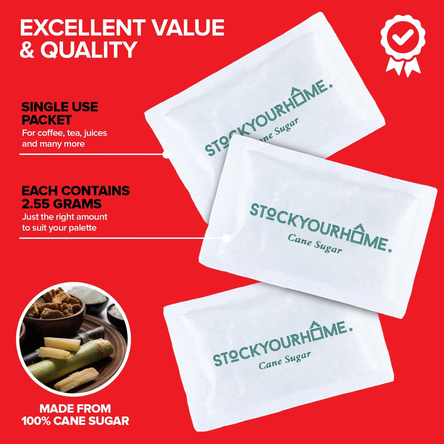Stock Your Home Bulk Sugar Packets - 500 Count Individual Servings for Coffee & Tea, White