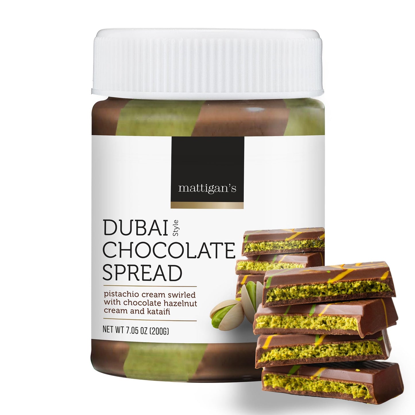 Mattigans Award-Winning Dubai Style Chocolate Spread  Pistachio Cream Swirled With Hazelnut & Crunchy Kataifi  Gourmet Spreadable Chocolate  Top-Grade Spread  Great Topping & Gift - 7.05 Oz