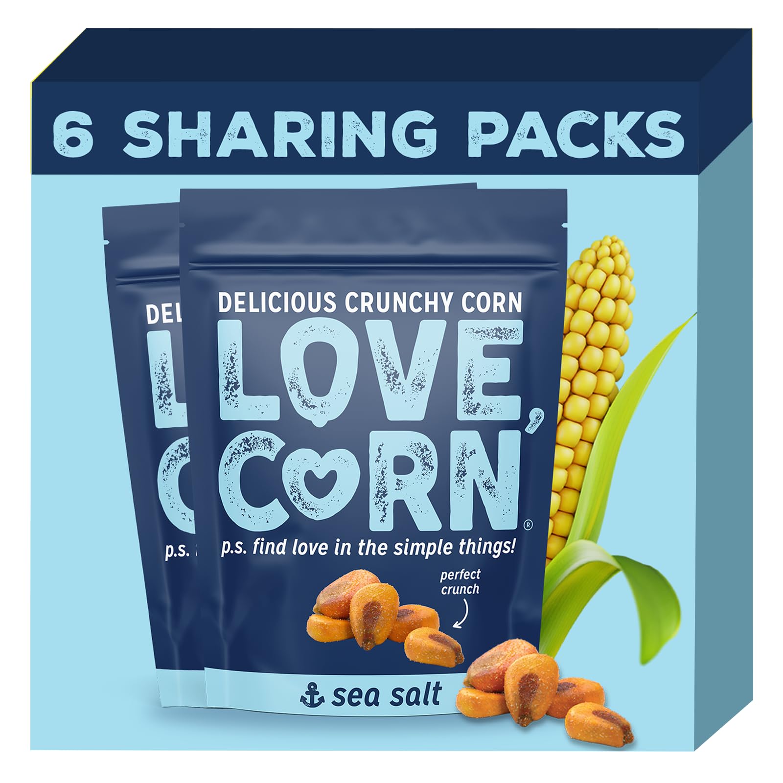 Love Corn Sea Salt Crunchy Corn Snack, Non-GMO, Vegan, Gluten-Free, 4oz Pack of 6