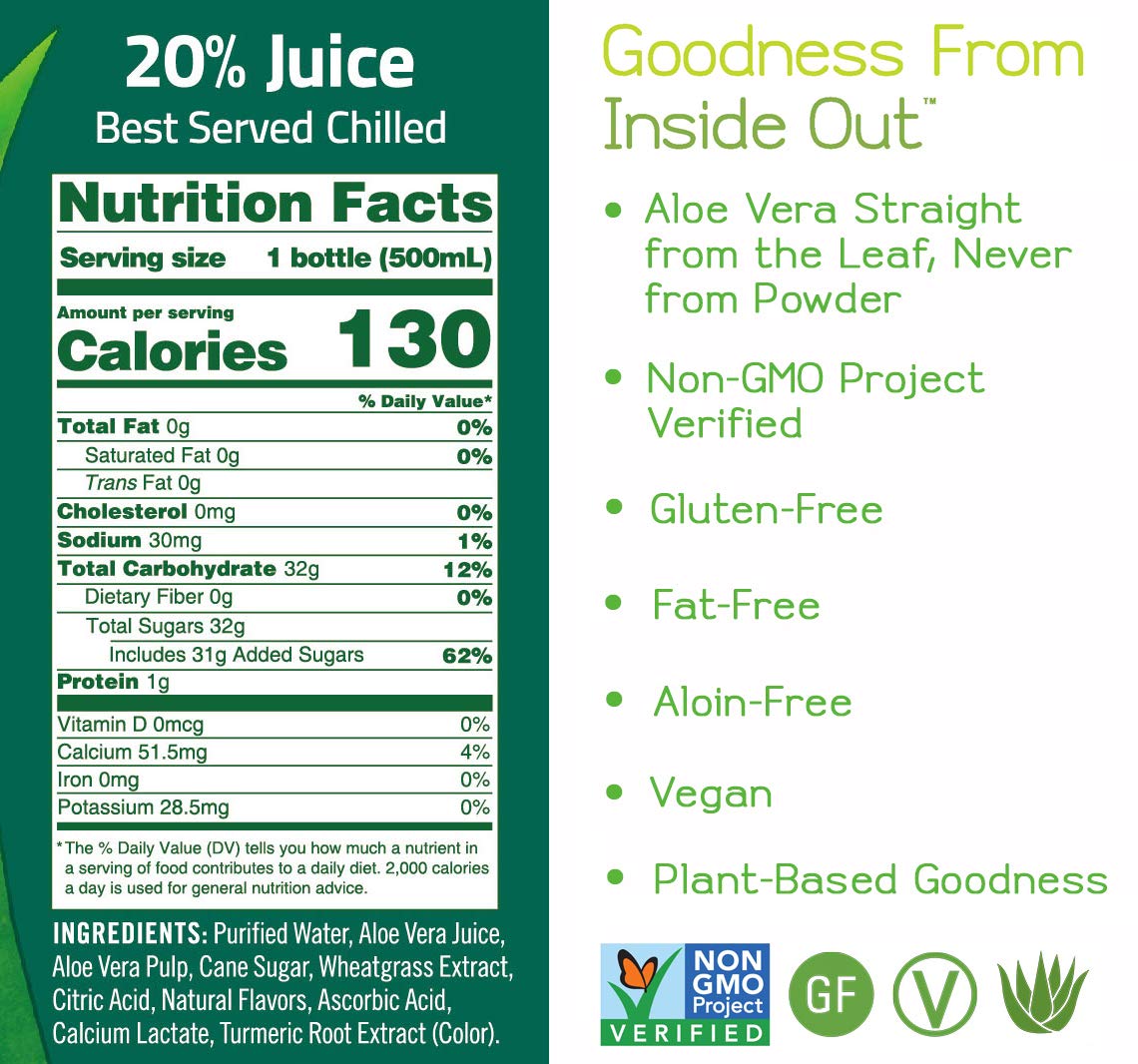 ALO Aloe Vera Juice Drink | AWAKEN - Aloe Vera + Wheatgrass | 16.9 fl oz, Pack of 12 | Plant Based Drink with Real Aloe Vera Pul