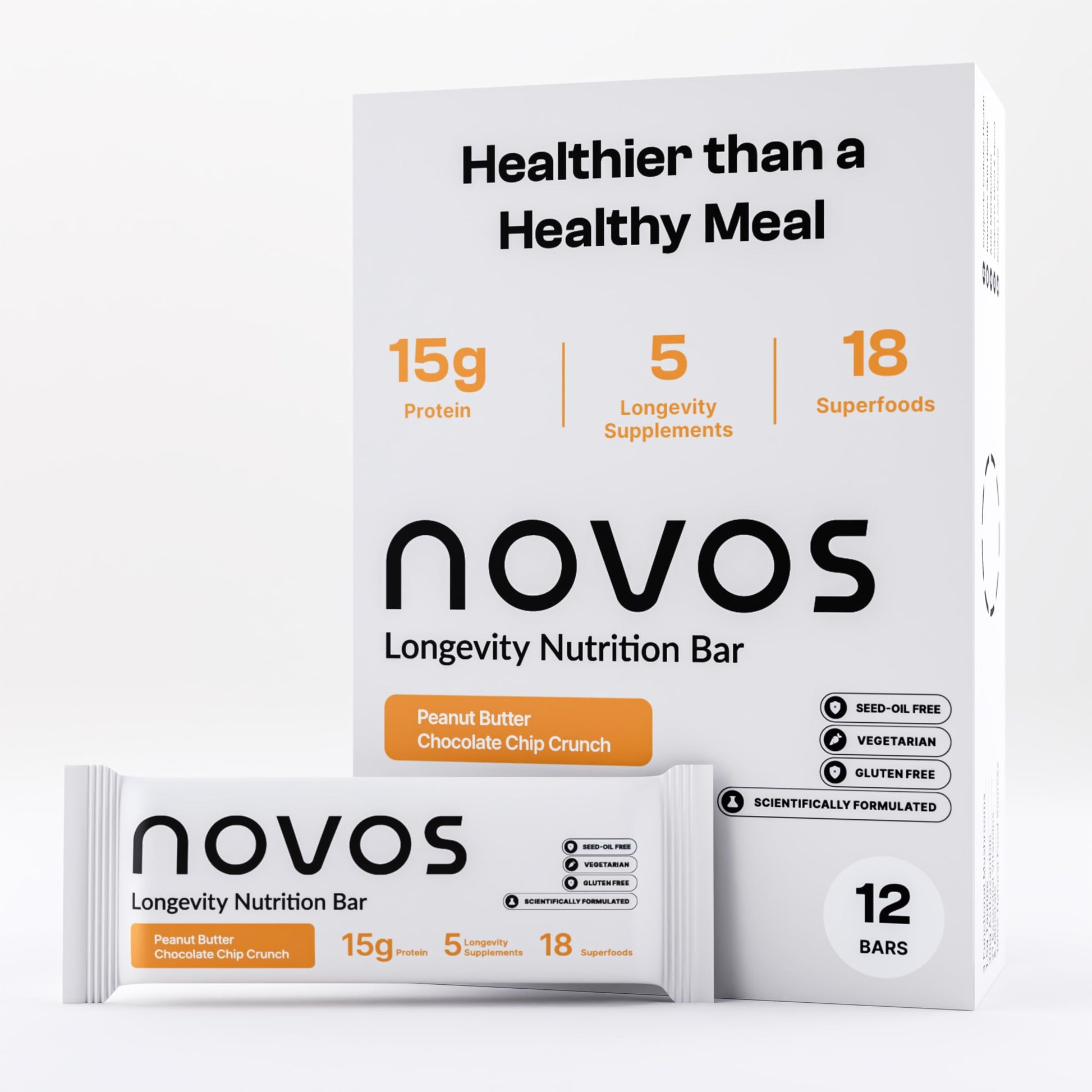 Novos Longevity Protein Bar - Peanut Butter - 15g Protein, 5 Longevity supplements, 20 Superfoods, Organic Olive Oil, Seed Oil F
