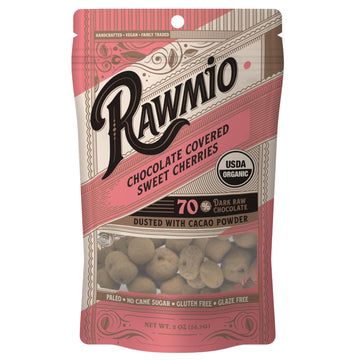 Rawmio Chocolate Covered Sweet Cherries - Organic, Raw, Vegan, 70% Dark Chocolate, 18 Packs, 2 oz.