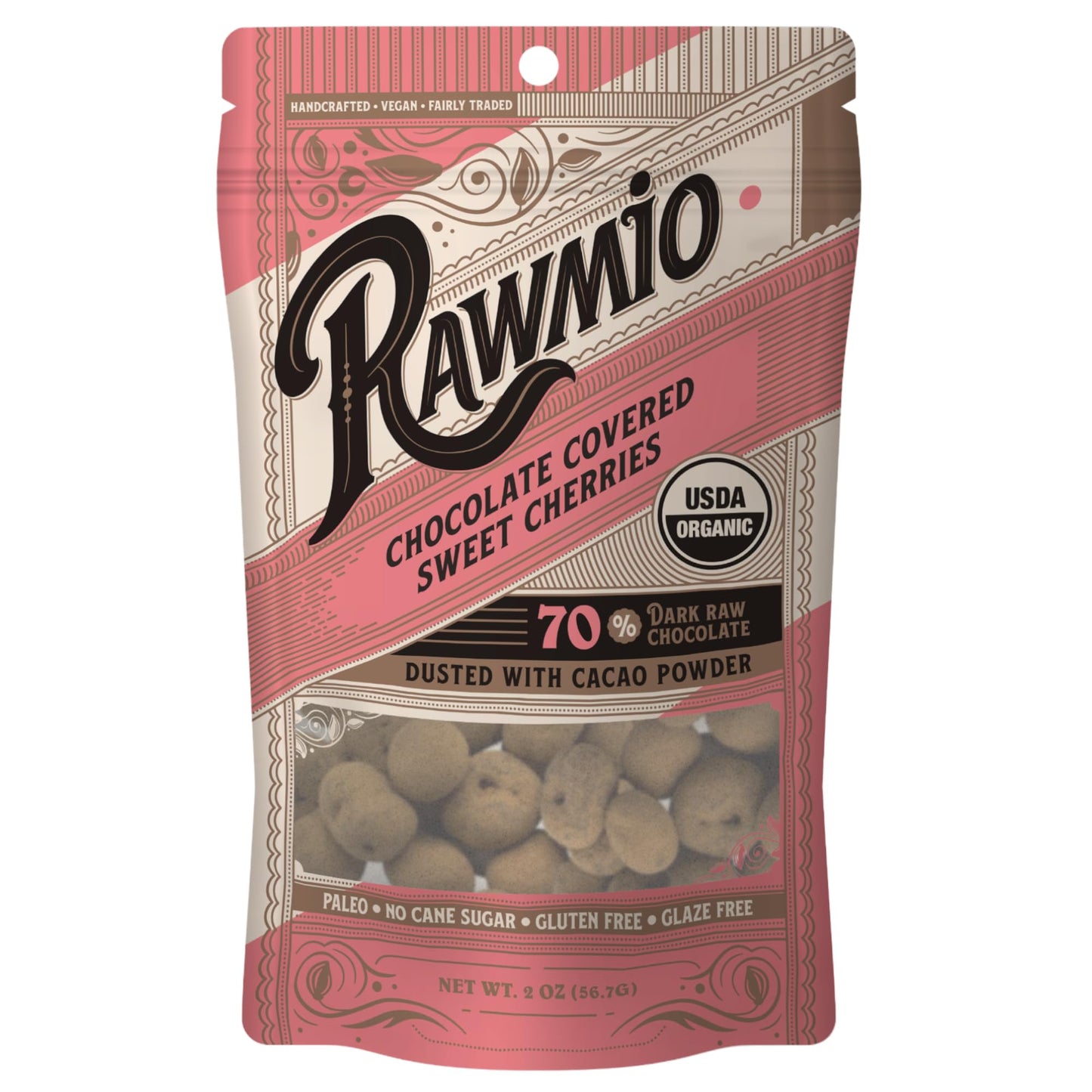 Rawmio Chocolate Covered Sweet Cherries - Organic, Raw, Vegan, 70% Dark Chocolate, 1 Pack, 2 oz