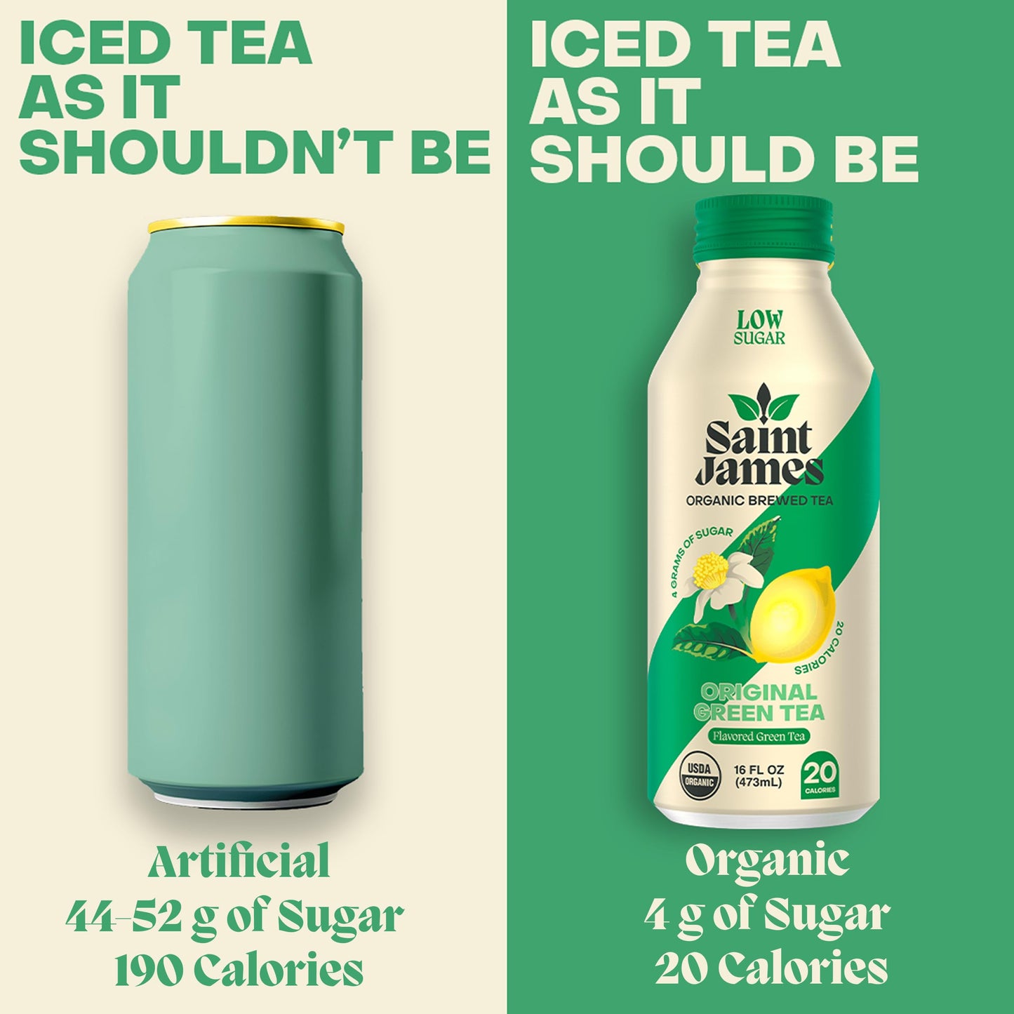 Saint James Iced Tea - Organic Green Tea - Non Gmo, Gluten Free, Low Calorie & Low Sugar - Original Green Tea, 12 Pack (16 Fl Oz