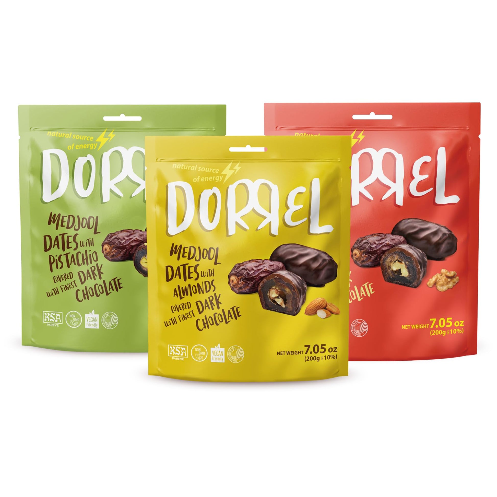 Dorrel - Trio Bundle Pack: Belgian Dark Chocolate Covered Dates Medjool With Walnuts  Salted Almonds & Pistachio Stuffing  High Energy Kosher Non-Gmo Choco Snack Pack Of 3  7.05 Oz Ea