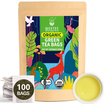 Wt Weetee Organic Green Tea Bags, Usda Organic Pure Green Tea 100 Count, Super Antioxidant | Resealable Kraft Bag | Brew Hot Or 