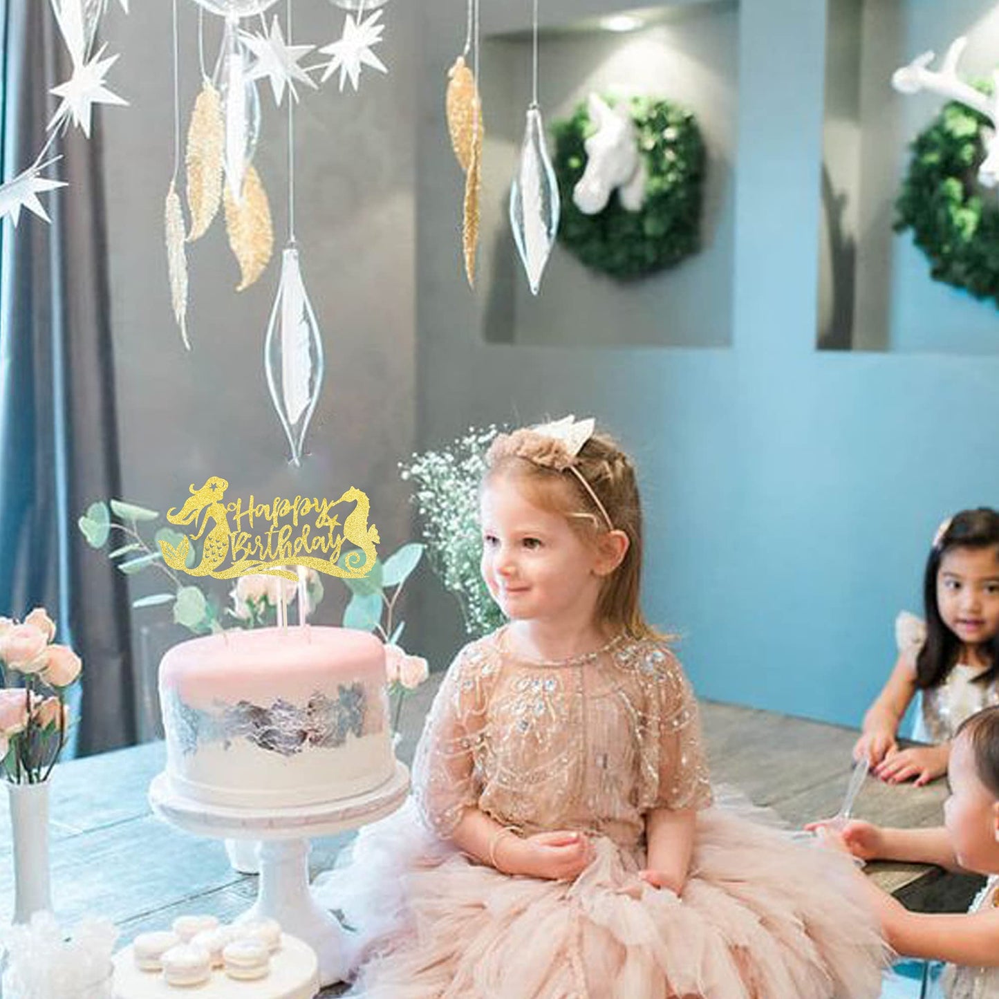 1 Pcs Mermaid Theme Happy Birthday Cake Topper With Seahorse Glitter Under The Sea Cake Pick Decorations For Mermaid Theme Kids