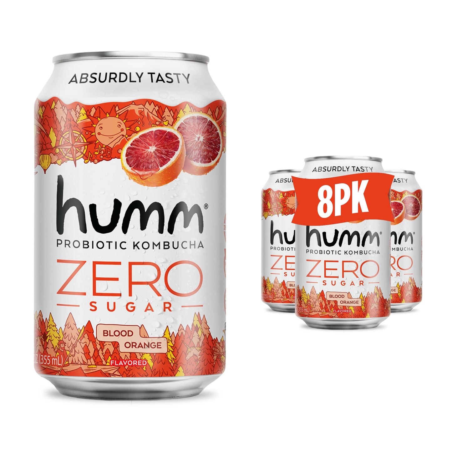 Humm Probiotic Kombucha Zero Sugar Blood Orange, No Refrigeration Needed, Keto Friendly, Organic, Vegan, Gluten Free, 12oz Cans 