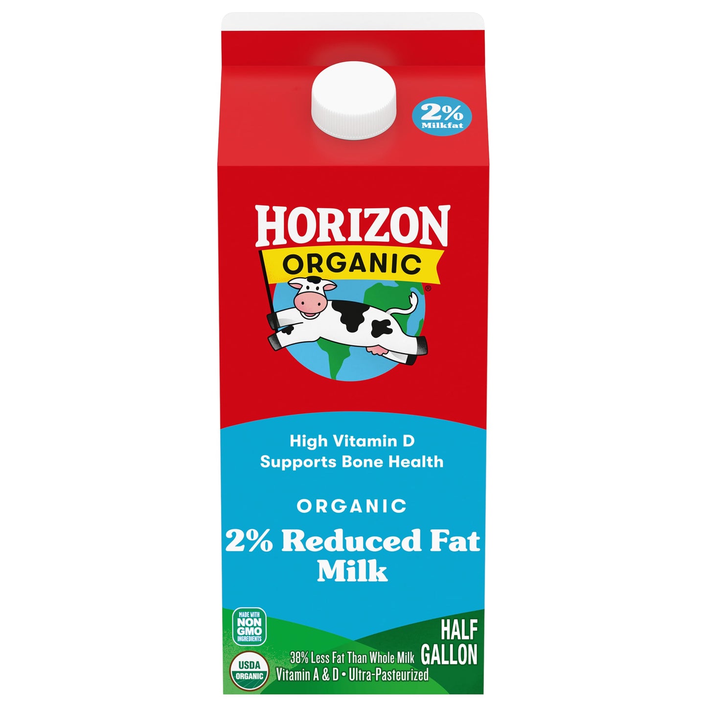 Horizon Organic High Vitamin D 2 Percent Milk, Creamy High Vitamin D Reduced Fat Milk, 64 fl oz Half Gallon Carton