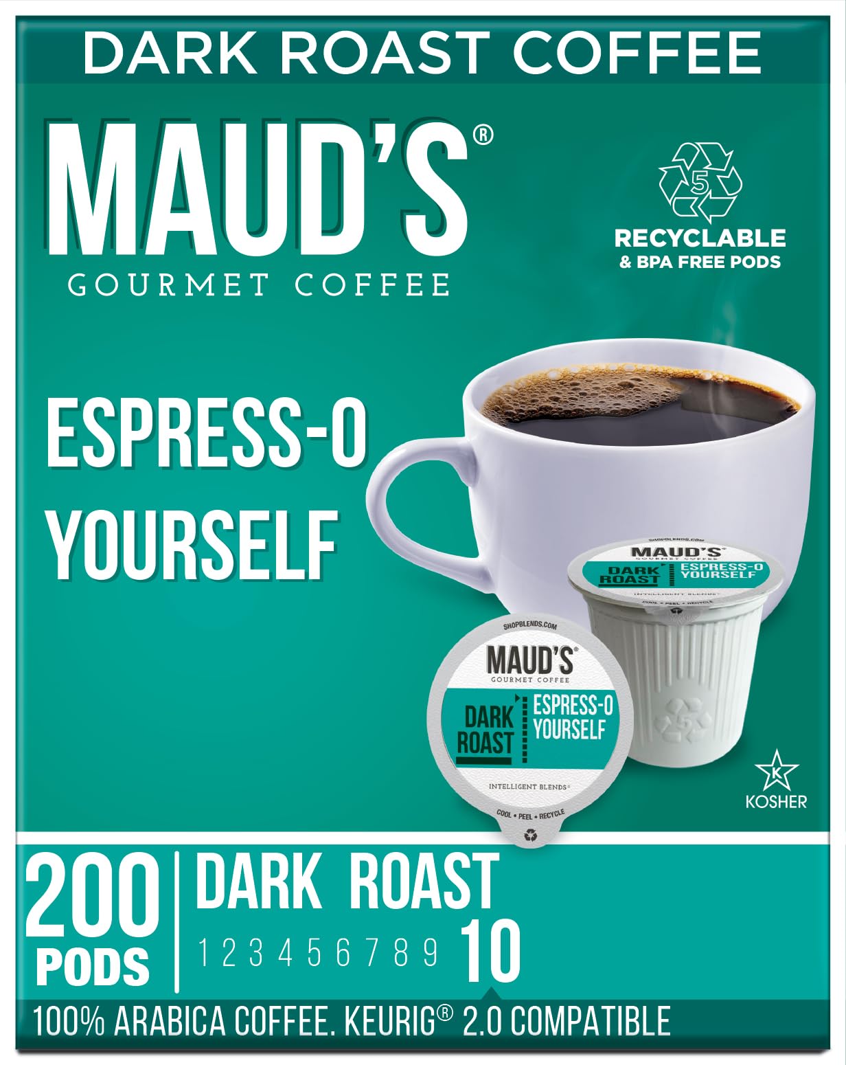 Maud's Espresso Coffee Pods, 200 ct, Dark Roast in Recyclable Single Serve Pods - 100% Arabica Coffee, Compatible with Keurig K 