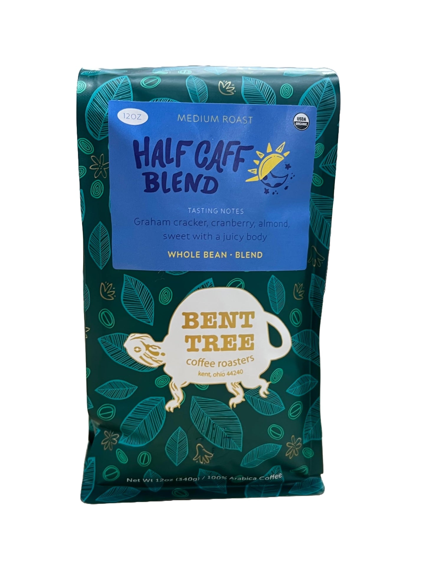 Bent Tree Coffee Roasters Organic Coffee, Whole Bean, Medium Roast, Half Caff Blend, 12oz, USDA Organic