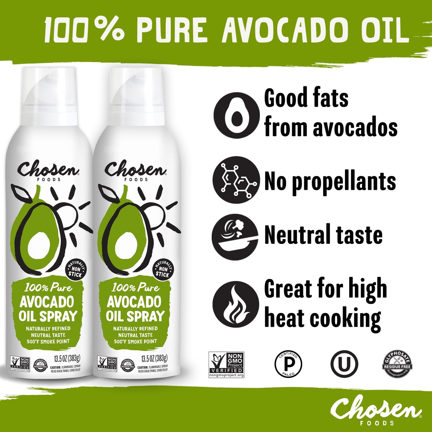 Chosen Foods 100% Pure Avocado Oil Spray, Keto And Paleo Diet Friendly, Kosher Cooking Spray For Baking, High-Heat Cooking And Frying (13.5 Oz, 2 Pack) + Digital Recipe Book