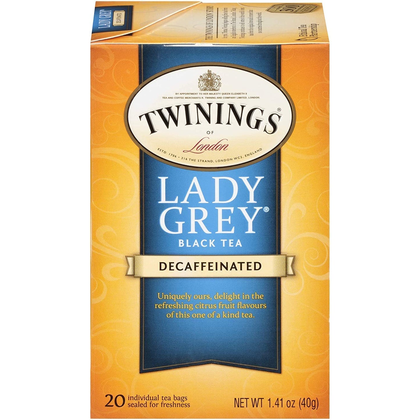 Twinings Decaffeinated Lady Grey Black Tea Individually Wrapped Bags, 20 Count (Pack Of 1), Orange Peel & Lemon Peel, Enjoy Hot Or Iced | Packaging May Vary