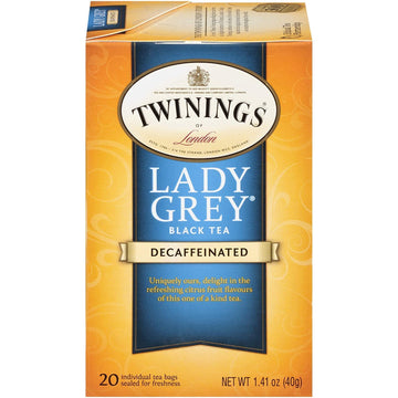 Twinings Decaffeinated Lady Grey Black Tea Individually Wrapped Bags, 20 Count (Pack Of 1), Orange Peel & Lemon Peel, Enjoy Hot Or Iced | Packaging May Vary