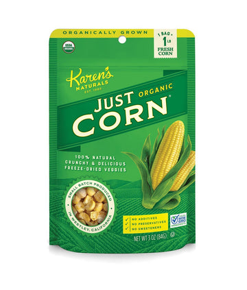 Karens Naturals Organic Just Corn, 3 Ounce Pouch, All Natural Freeze Dried Vegetables, Keto, Vegan, Gluten Free, Healthy Dried 