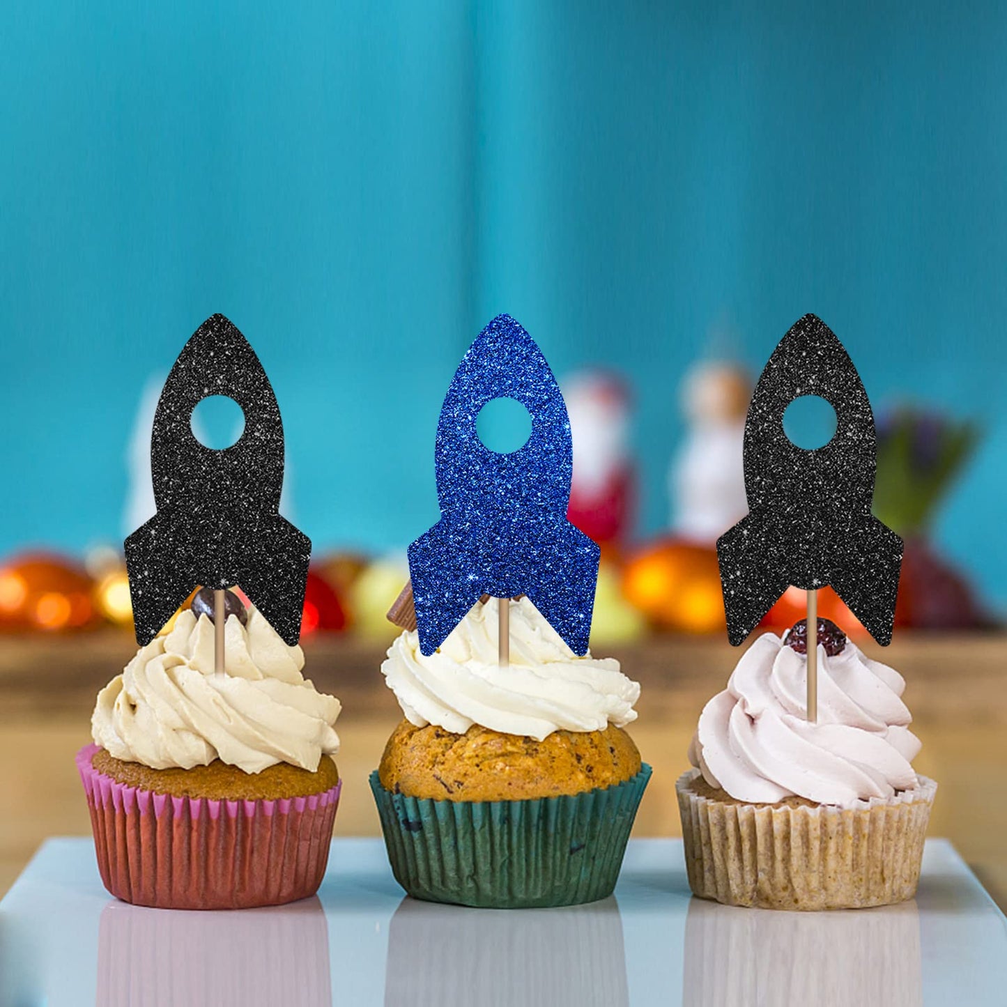 24Pcs Rocket Ship Cupcake Toppers, Baby Shower Party Decor For Boys, Astronaut Dessert Picks, Outer Space Themed Birthday Party