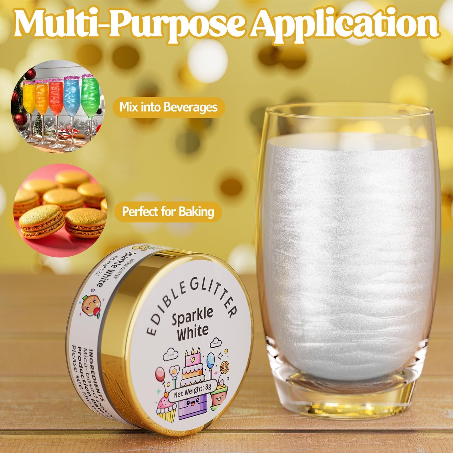Nomeca Edible Glitter For Drinks Cakes, 8 Grams Food Grade Luster Dust Sprinkles Glitter For Cake Decorations, Diy Cocktails, Be