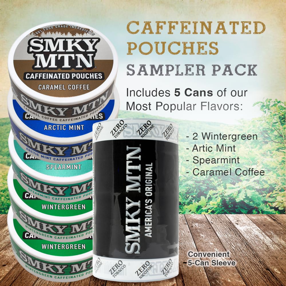 Smokey Mountain Caffeinated Pouches - 5 Can Sampler Pack - 2 Wintergreen Cans And A Can Each Of Arctic Mint, Spearmint And Coffe