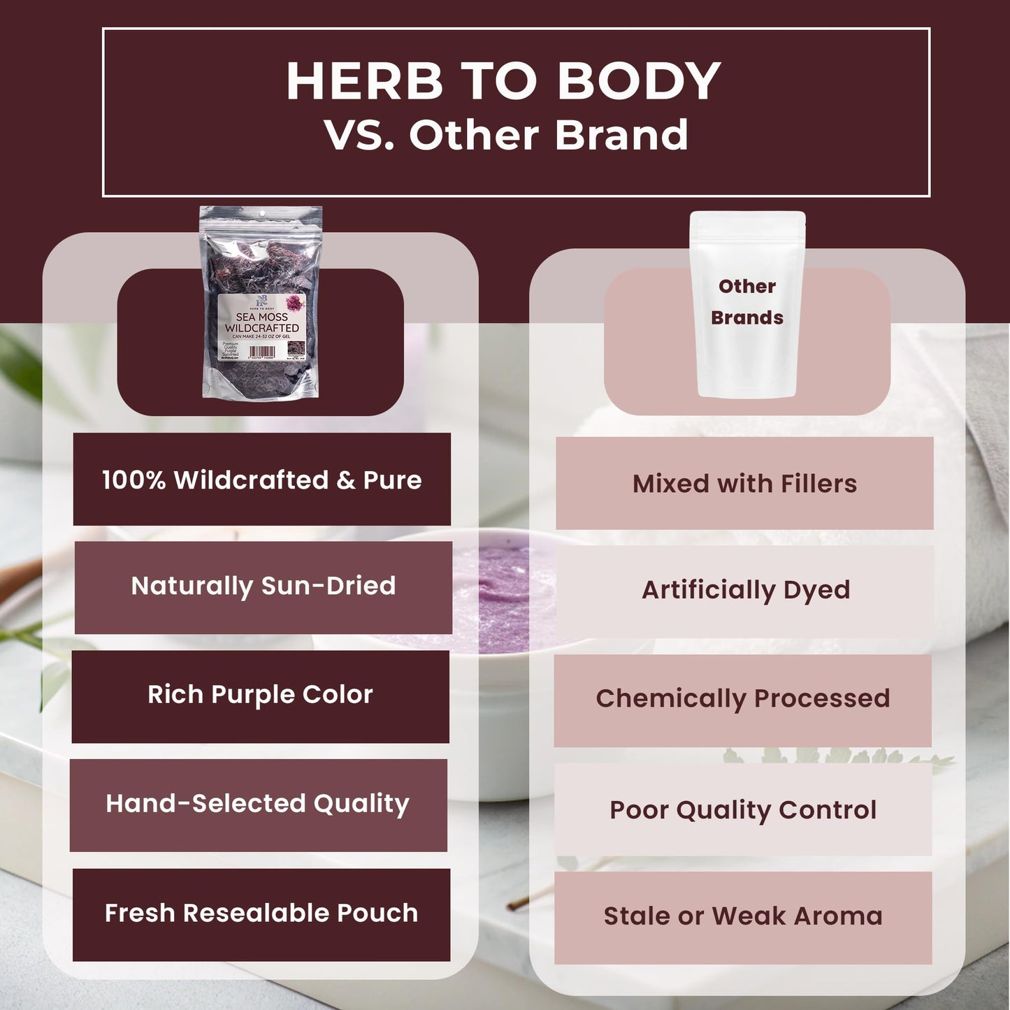 Herb To Body Purple Sea Moss - 4oz, Purple Sea Moss, Gold, 100% Wildcrafted from Saint Lucia Raw and Dried, Vegan Superfood with