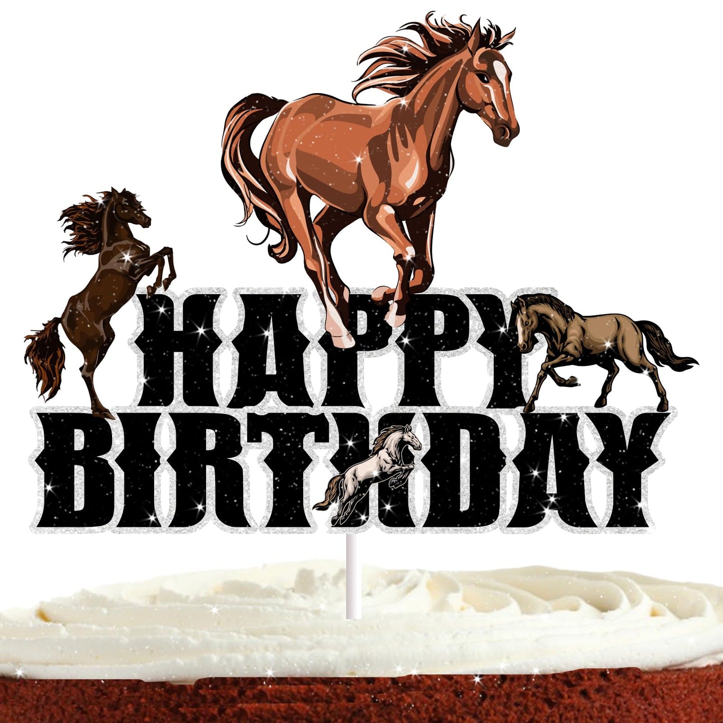 Bijeoda Horse Cake Topper - Glitter Western Cowboy Cowgirl Theme Party Decoration - Black - Model horse-c3-00