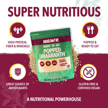 Amaranthy Ready-To-Eat Popped Amaranth Bag (3.53 Oz) - High Protein Grain - Low Calorie - Vegan (1. Popped Bag 3.5 Oz.)