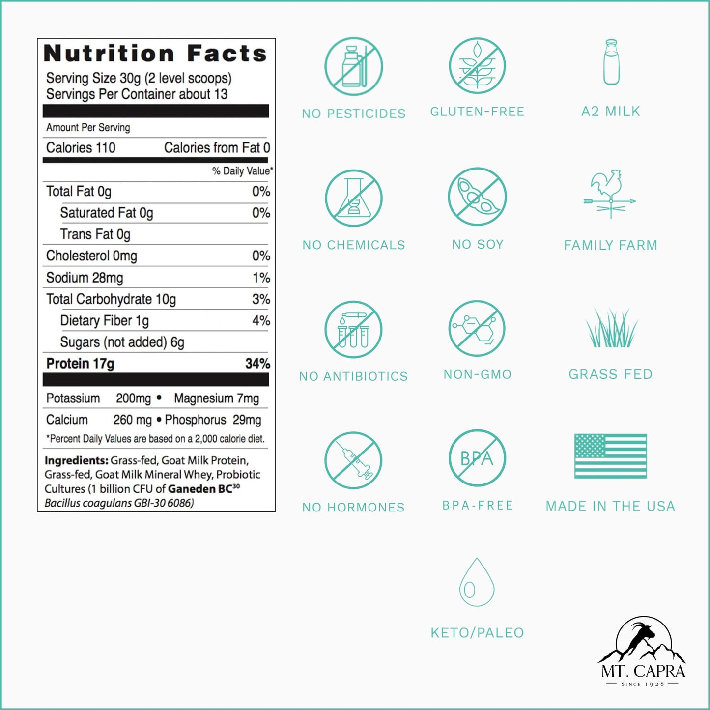Mt. Capra Clean Whole Protein + Minerals & Probiotics | Grass-Fed Goat Milk Protein, Contains Casein and Whey Protein, No Sweete