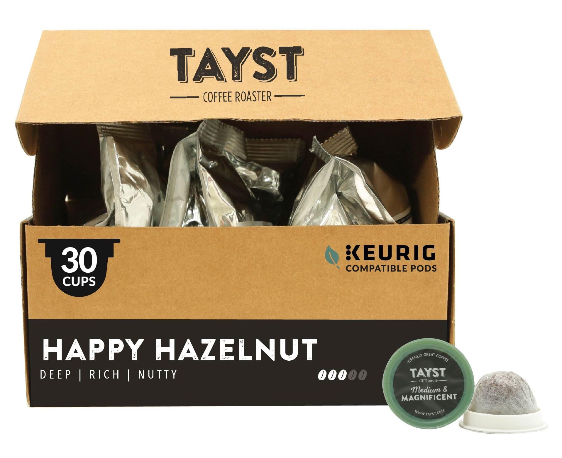 Tayst Coffee Pods, Happy Hazelnut Medium Roast, K Cups Compatible with Keurig Coffee Maker, Sustainable Single Serve, Pack of 30