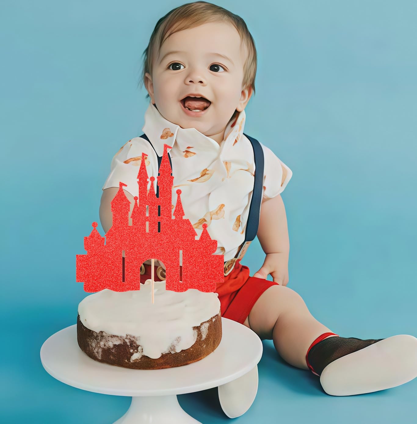 EONNCNT Castle Cake Topper - Red Glitter Cardboard Decoration for Birthday Parties and Baby Showers