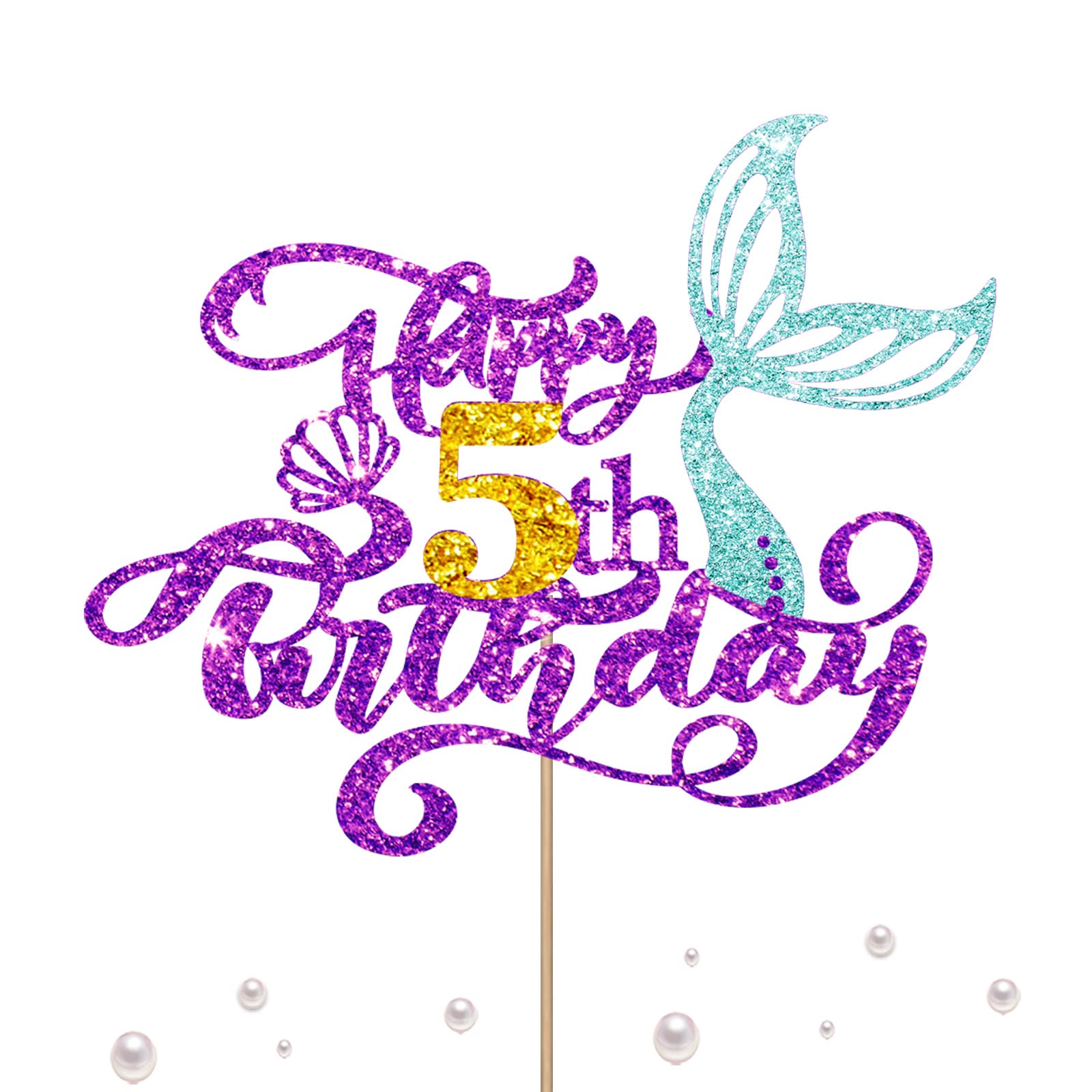 Mermaid 5 Cake Topper, Happy 5Th Birthday Cake Decor For Baby Girl, Little Mermaid 5Th Birthday Party Decoration, Under The Sea