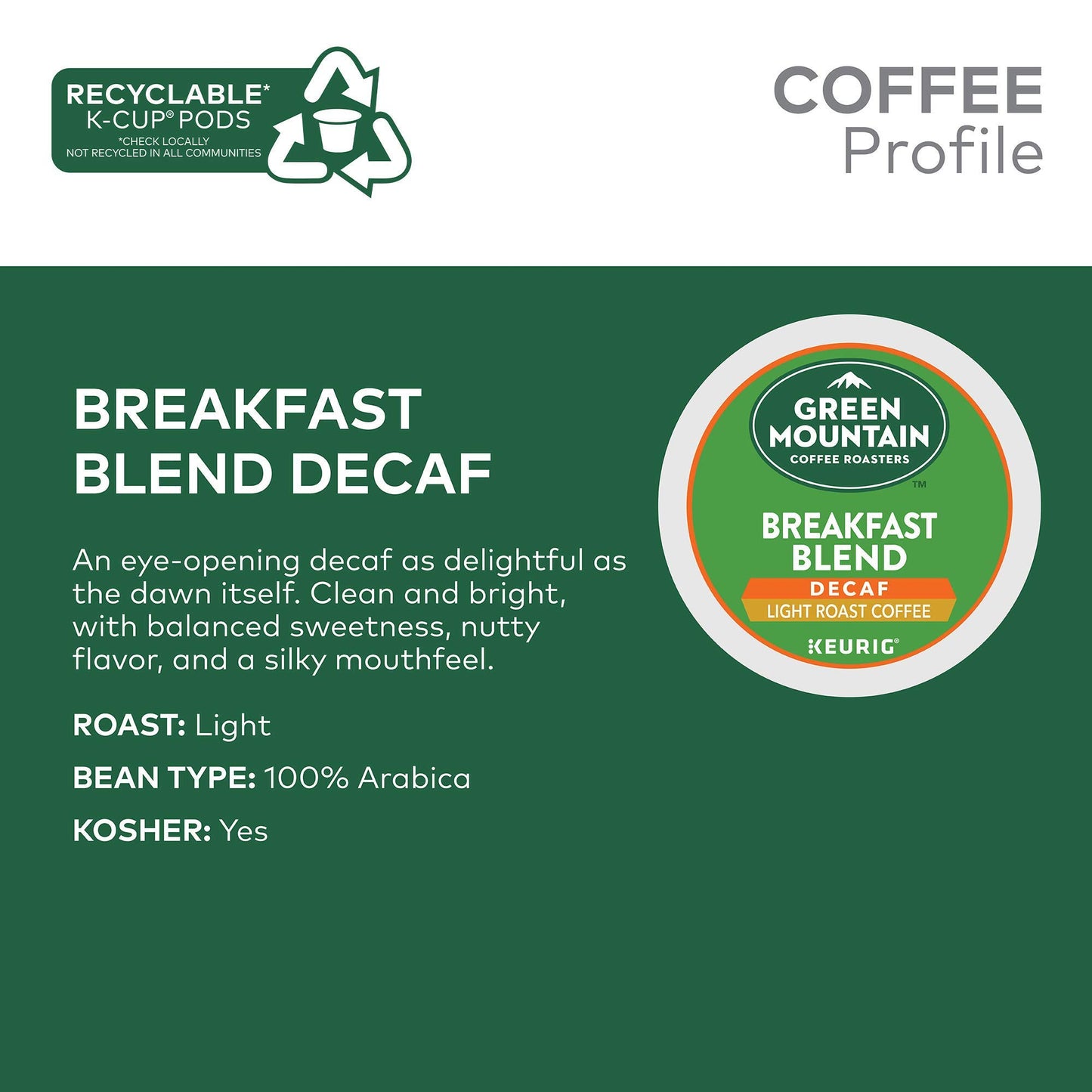 Green Mountain Coffee Roasters Breakfast Blend Decaf Keurig Single-Serve K-Cup Pods, Light Roast Coffee, 72 Count