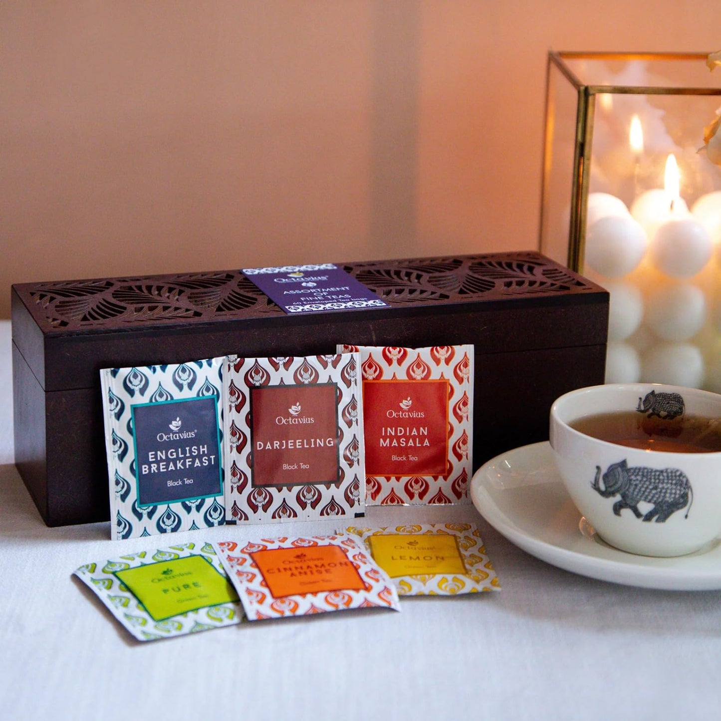 Octavius, Assorted Tea Sampler Gift Set (6 Flavors, 60 Tea Bags) | Black & Green Tea Sampler Pack | Leaf Cut Design Wooden Tea G