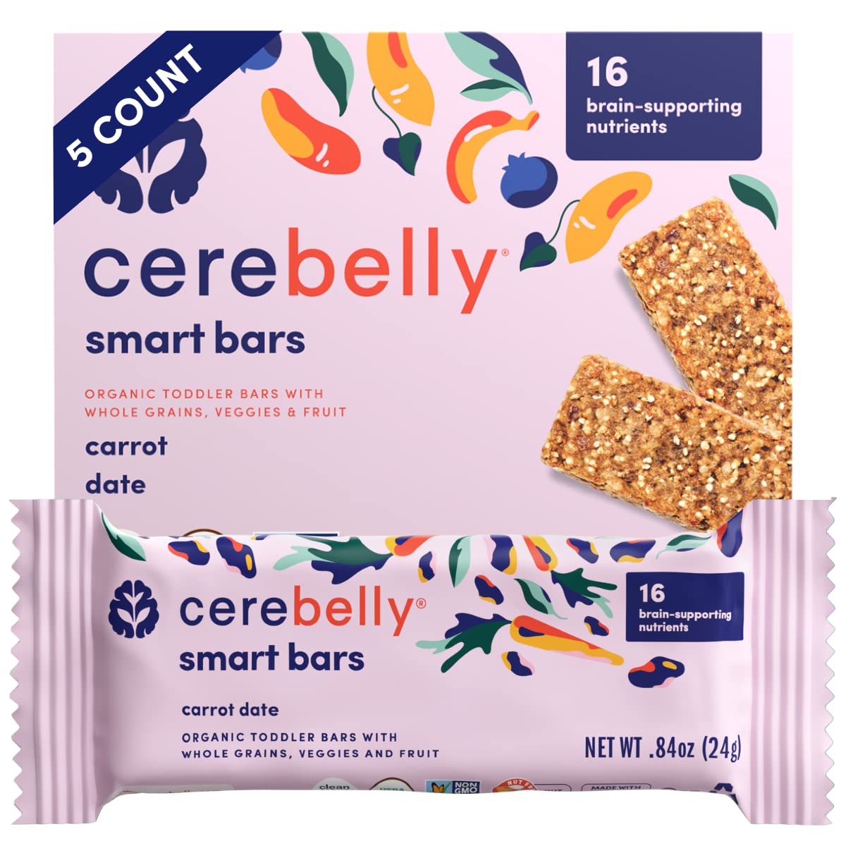 Cerebelly Toddler Snack Bars - Organic Carrot Date Smart Bars (Pack Of 5), Healthy & Organic Whole Grain Bars With Veggies & Fru