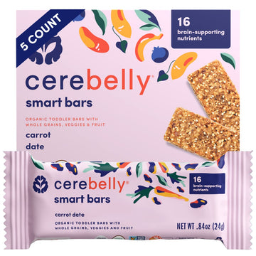 Cerebelly Toddler Snack Bars - Organic Carrot Date Smart Bars (Pack Of 5), Healthy & Organic Whole Grain Bars With Veggies & Fru