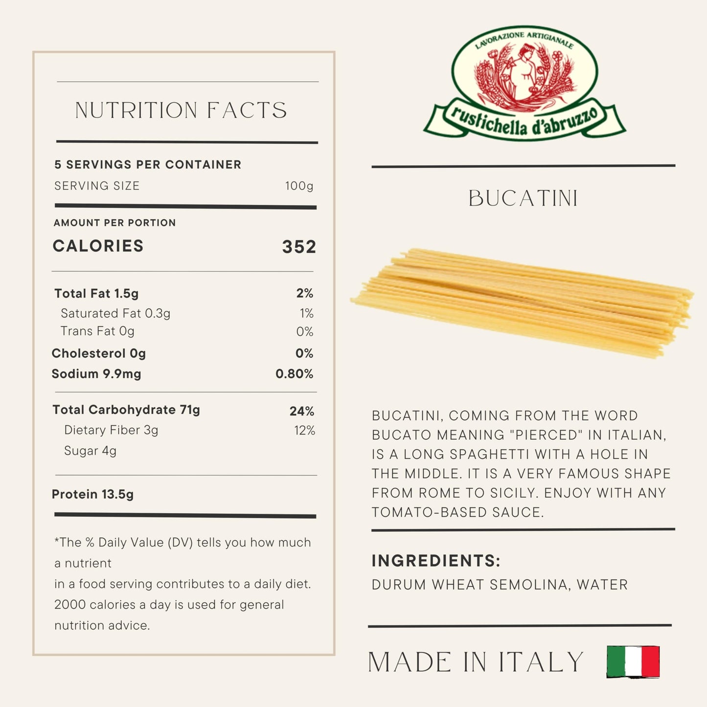 Rustichella d Abruzzo Bucatini (Pack of 4), 500g Each - Classic Italian Pasta with a Hole - Perfect for Amatriciana Sauce - Art