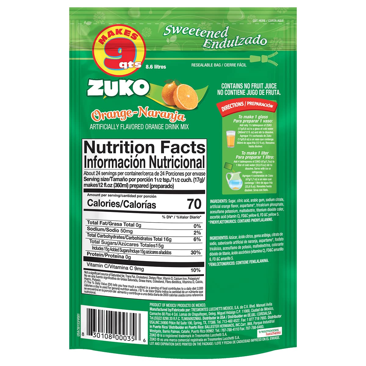 Zuko Orange Instant Powder Drink | Family Pack | No Sugar Needed | Vitamin C | 14.1 Ounce (Pack of 6)