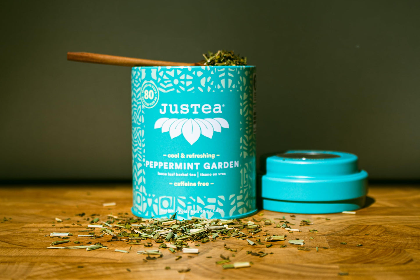 JusTea Loose Leaf Herbal Tea - Peppermint Garden, Caffeine Free, 1.6oz Tin with Hand Carved Spoon, Fair Trade, Non-GMO