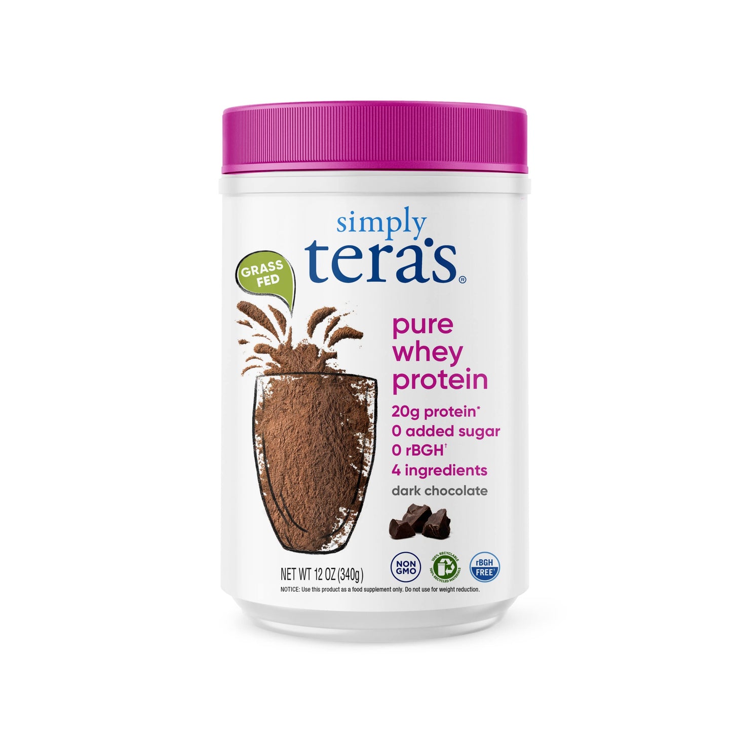 Simply Teras Pure Whey Protein Powder - Dark Chocolate Clean Whey Protein Powder, Made Without Artificial Sweeteners, Clean Label, Non-Gmo, Kosher, Rbgh-Free - 12 Oz