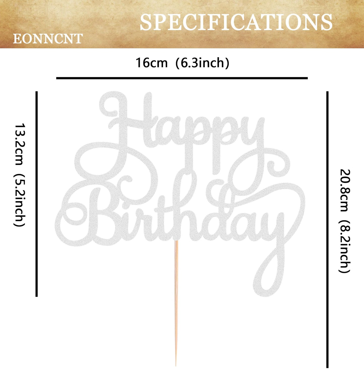 EONNCNT Happy Birthday Cake Topper Silver Glitter Decoration - MOUCCT-HB