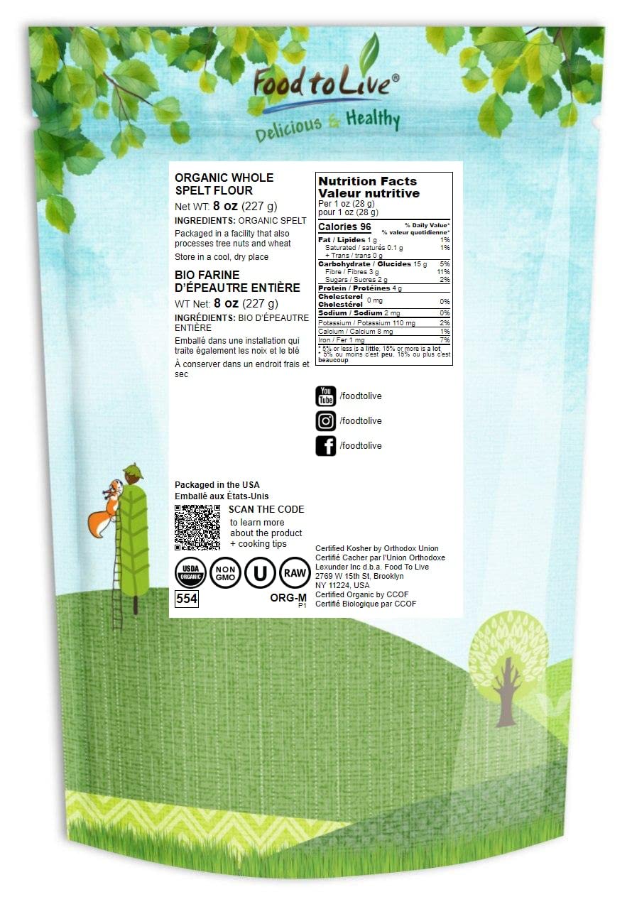 Food to Live Organic Spelt Flour, Whole Grain, Non-GMO, Vegan, 8 Ounce