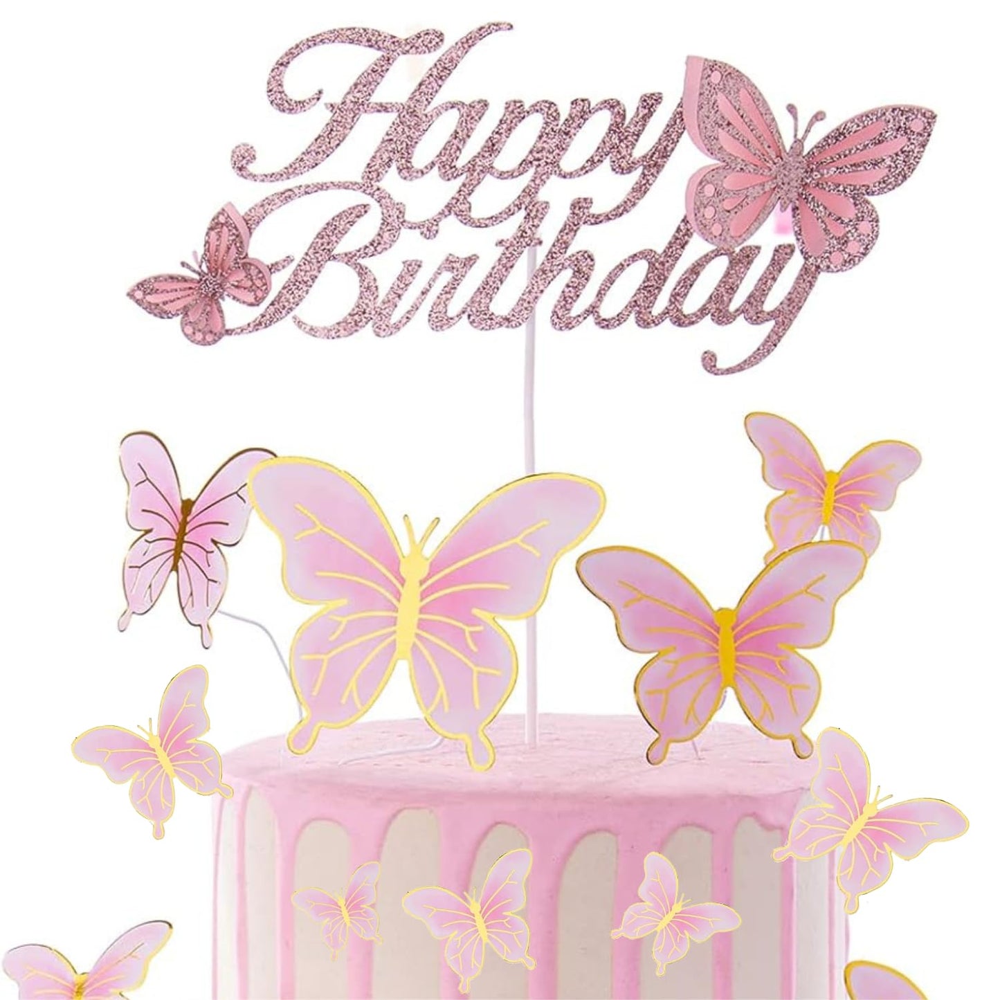 ALISSAR Rose Gold Happy Birthday Cake Topper Set, Butterfly Cake Topper and 16 Pieces Pink Butterfly Cupcake Toppers for Girls W