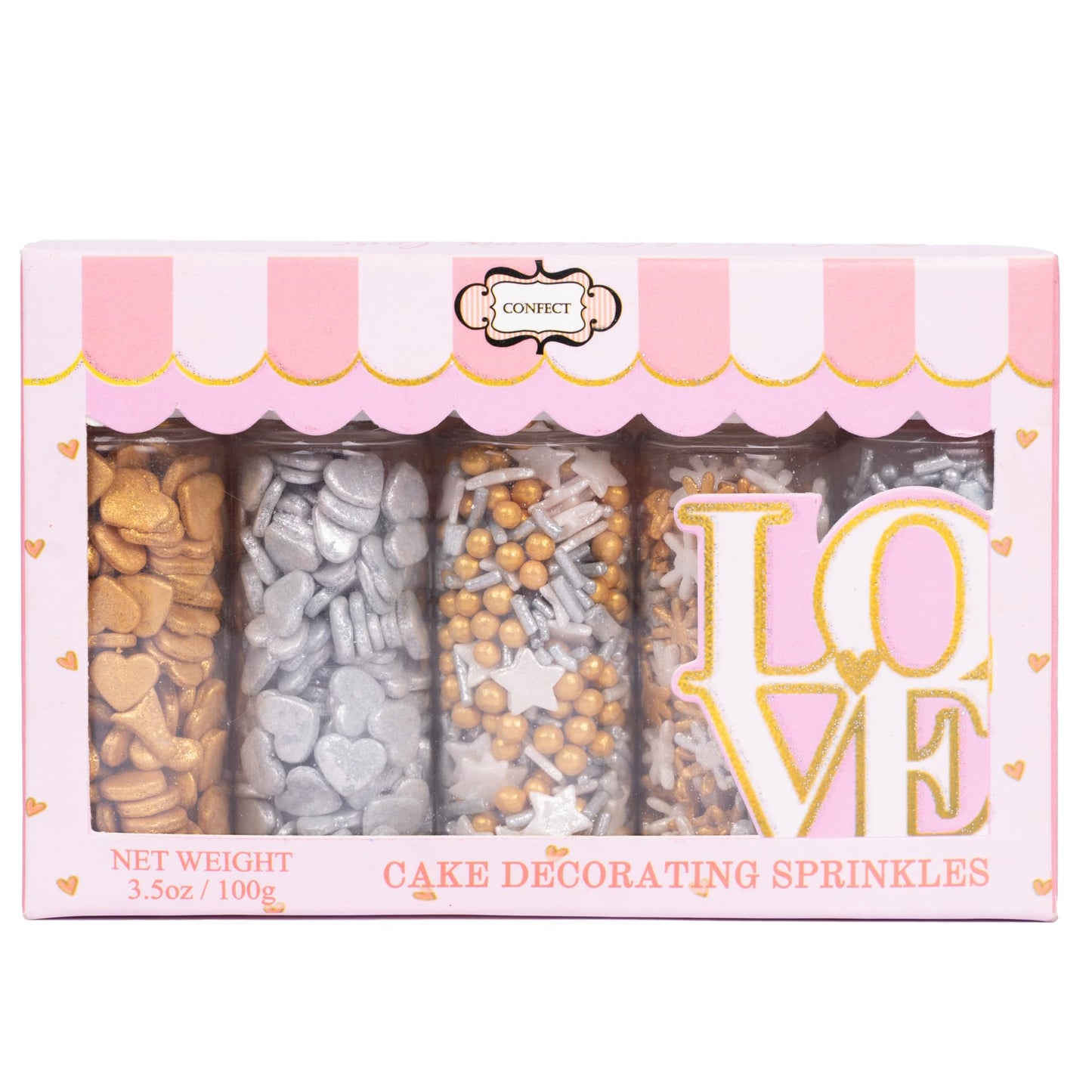 Confect Christmas Sprinkles - Edible Grey, Gold & White Star, Pearl & Flower Mix - 5 Oz Holiday Cake & Cupcake Decorations