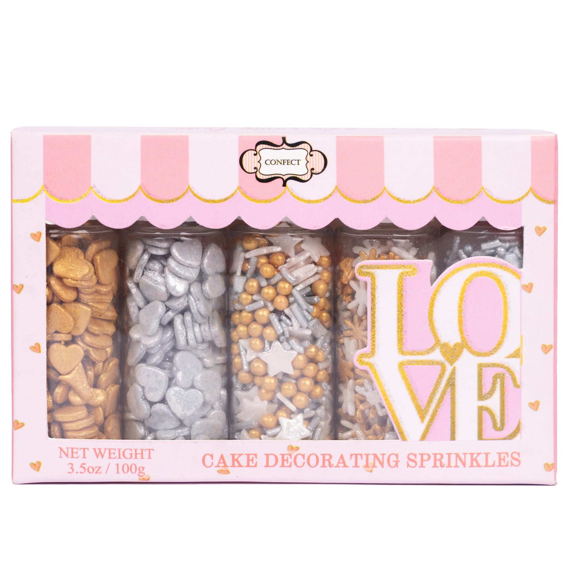 Confect Christmas Sprinkles - Edible Grey, Gold & White Star, Pearl & Flower Mix - 5 Oz Holiday Cake & Cupcake Decorations
